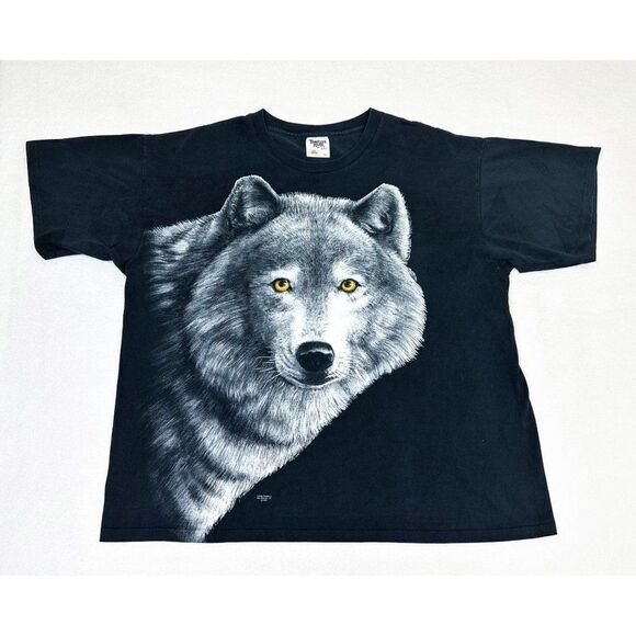 Vintage 1993 Wolf T-Shirt Black XL Big Face Animal Nature Forest Single Stitch - Picture 1 of 8